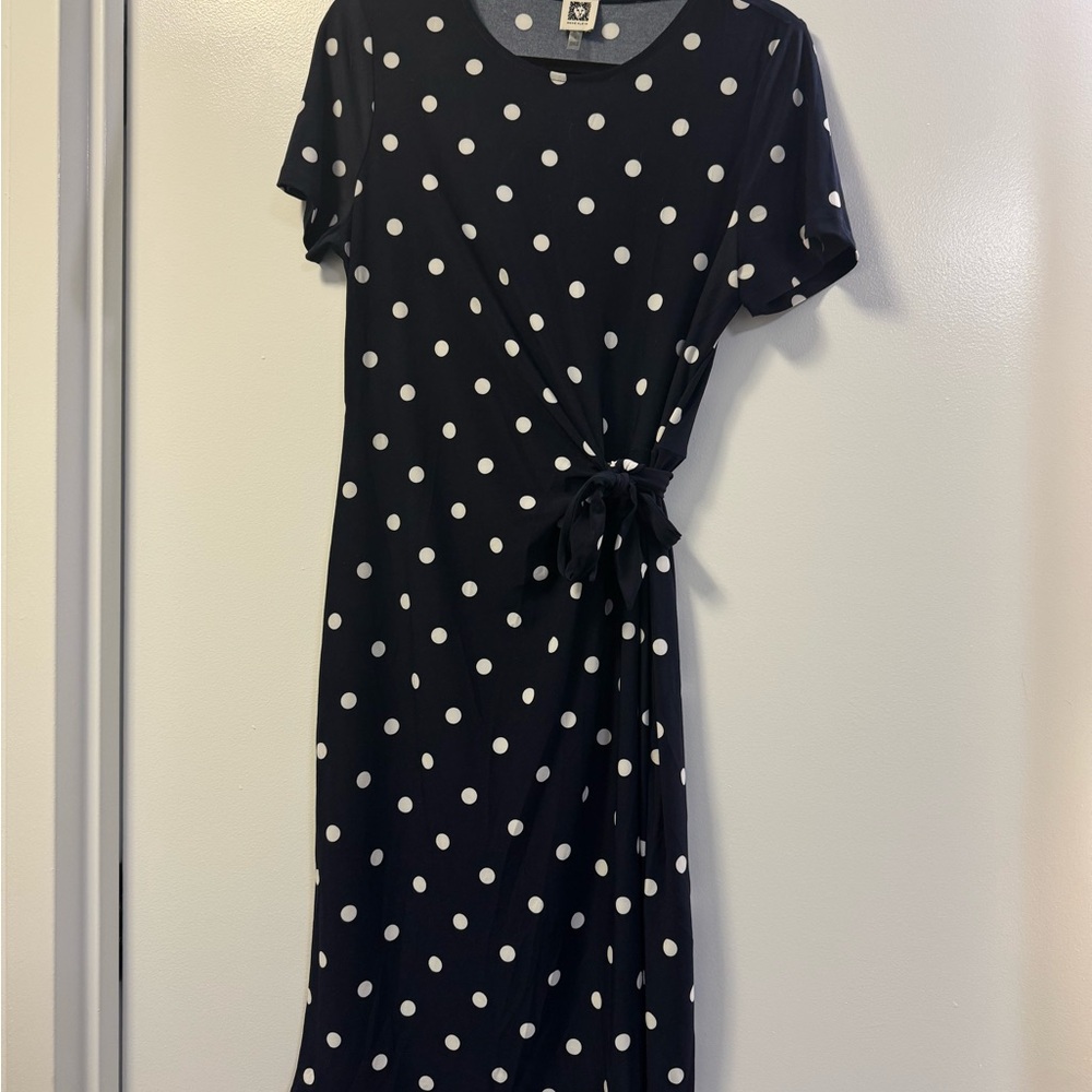 Anne Klein Blue and White Sheath Midi Dress Short Sleeve Crew Neck
